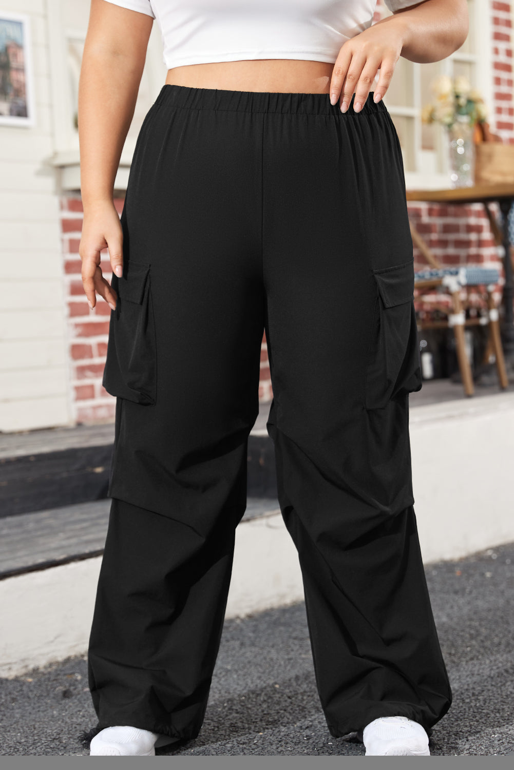 Plus Size Black Wide Leg Trousers Elasticated Waistband With Pockets