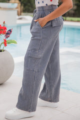 Medium Grey Textured Multi Pockets Drawstring Waist Wide Leg Pants Bottoms JT's Designer Fashion