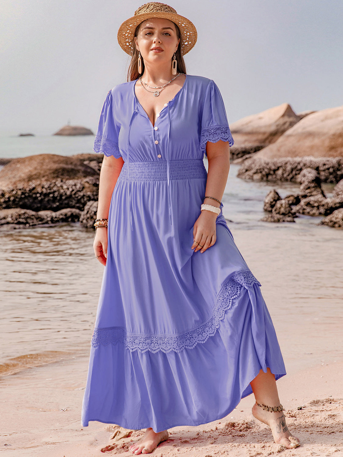 Plus Size Lace Detail Tie Neck Short Sleeve Maxi Dress Dresses JT's Designer Fashion