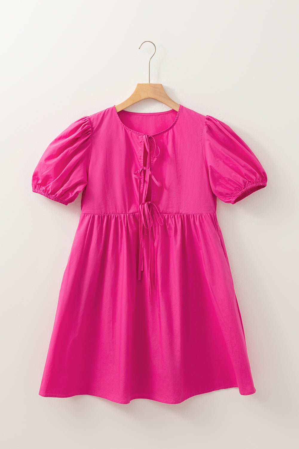 Bright Pink Solid Color Puff Sleeve Tie Front High Waist Mini Dress Mini Dresses JT's Designer Fashion