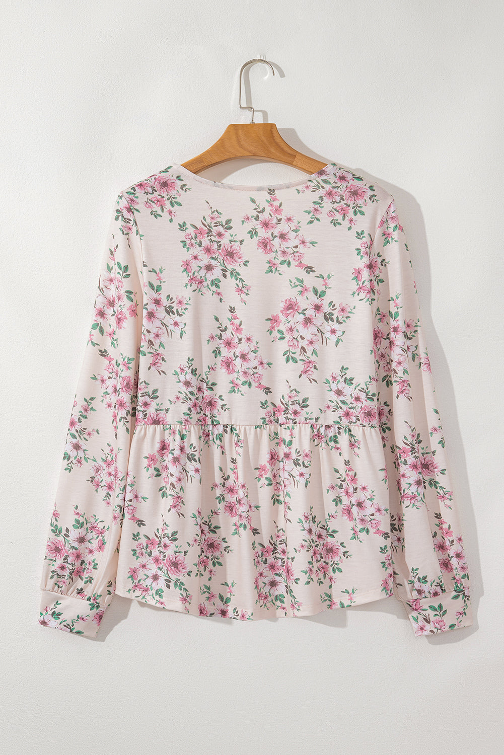 Pink Floral Print Pleated U Neck Loose Fit Blouse Blouses & Shirts JT's Designer Fashion