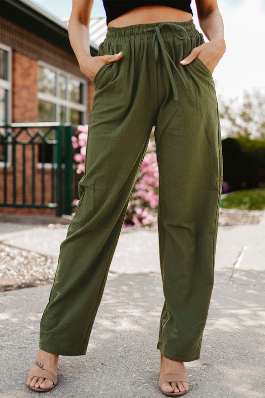 Green Drawstring Elastic Waist Pockets Long Straight Legs Pants Pants & Culotte JT's Designer Fashion