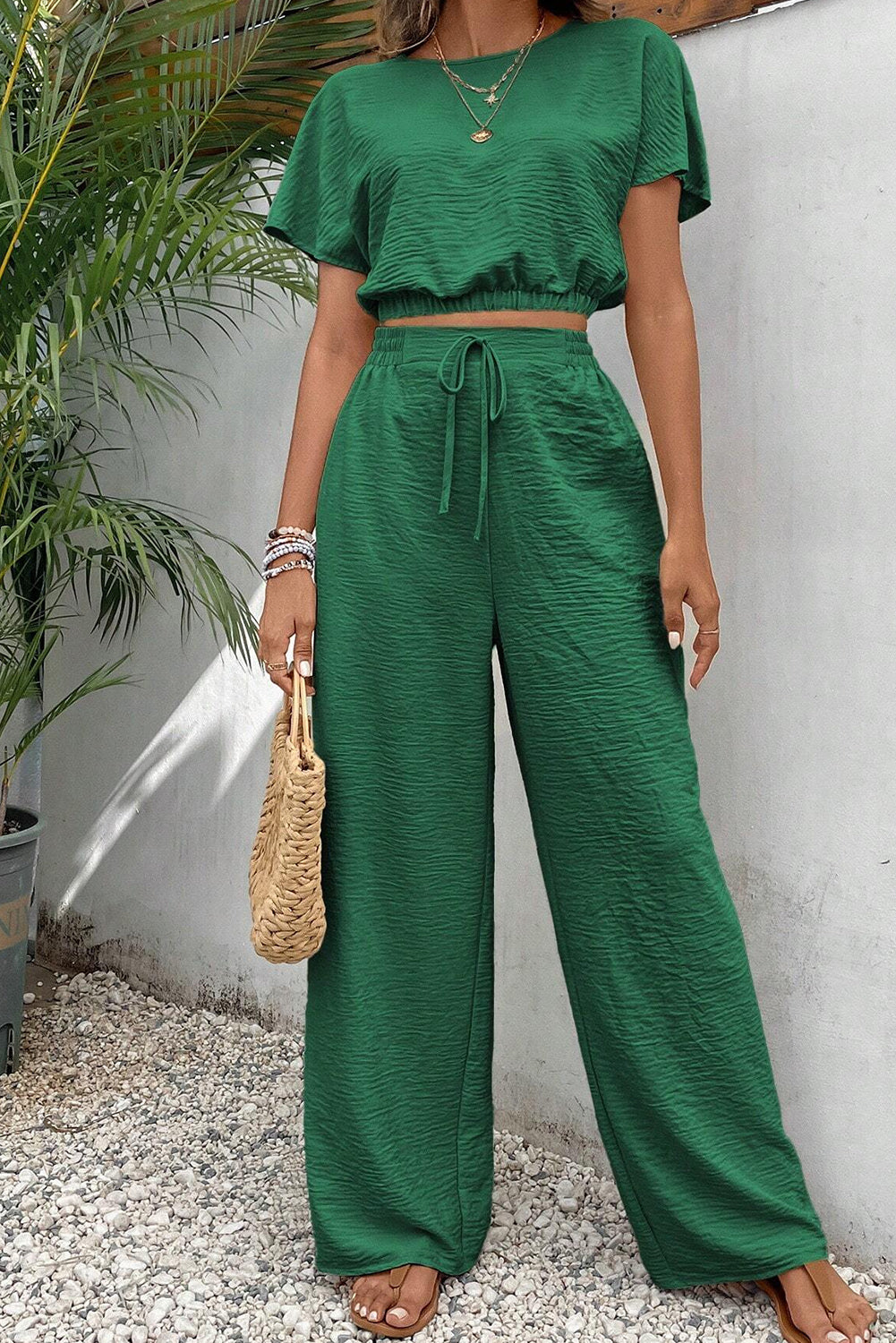 Dark Green Crinkled Elastic Hem Crop Tee and Wide Leg Pants Set Bottoms JT's Designer Fashion