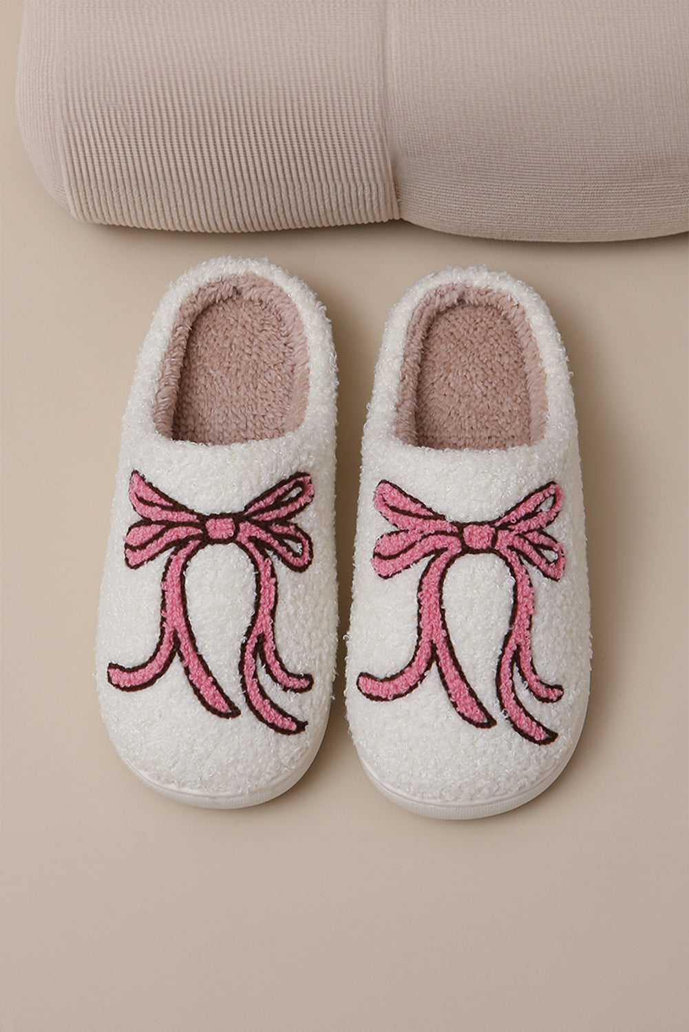 White Bow Knot Pattern Plush Warm Slippers Slippers JT's Designer Fashion