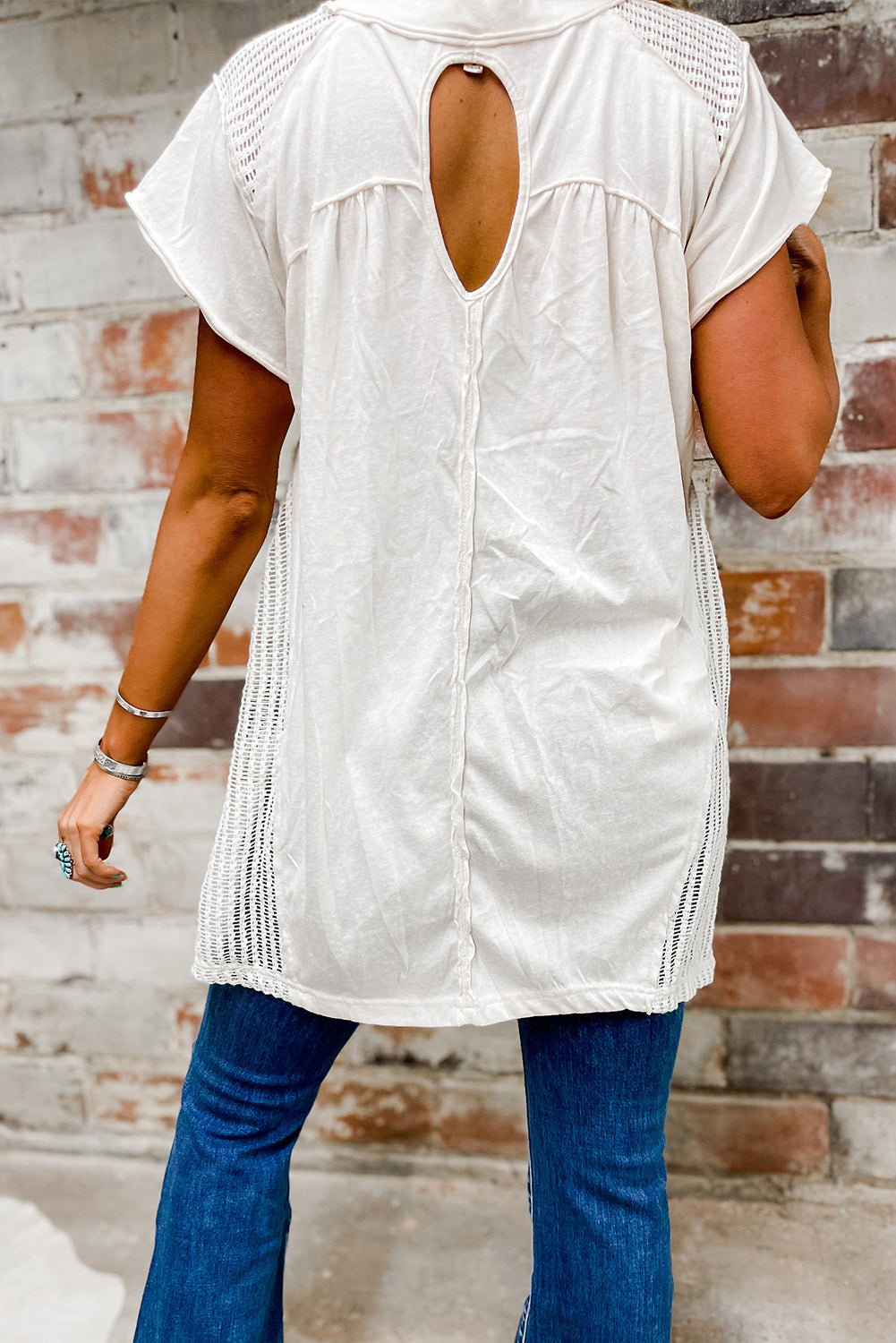 White Plus Size Knit Hollow out Patchwork Tunic Tee Plus Size JT's Designer Fashion