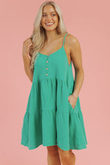 Sea Green Textured Buttoned Thin Strap Tiered Loose Fit Mini Dress Mini Dresses JT's Designer Fashion
