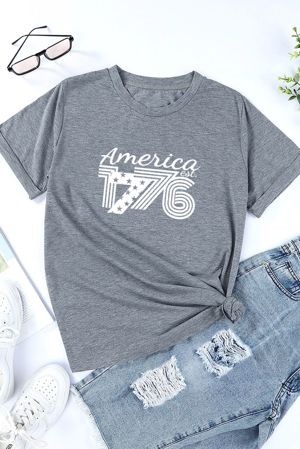 Gray America 1776 Print Graphic T Shirt Graphic Tees JT's Designer Fashion