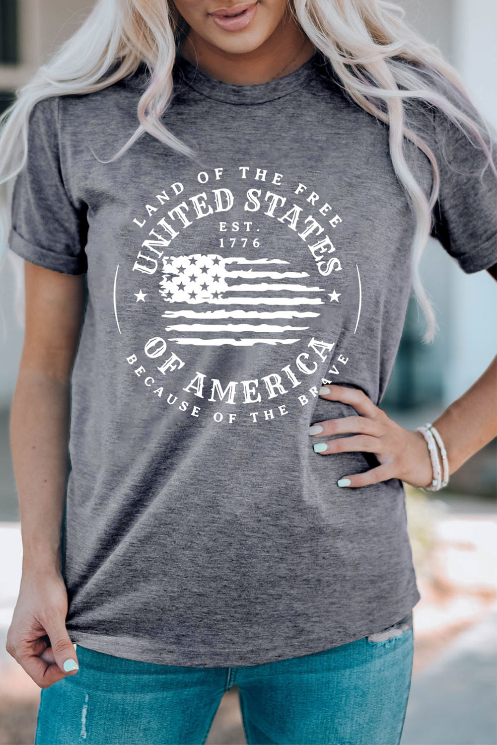 Gray United States Of America Flag Graphic Print T Shirt Graphic Tees JT's Designer Fashion