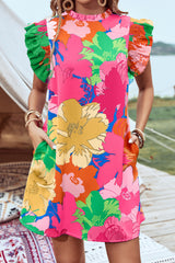 Pink Bold Floral Flutter Sleeve Shift Mini Dress with Pockets Floral Dresses JT's Designer Fashion