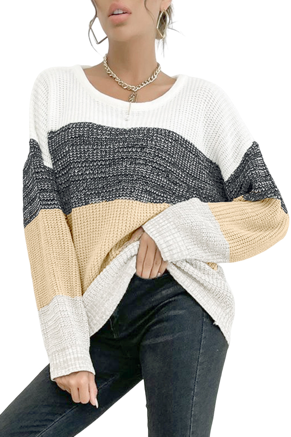 Multicolour Color Block Drop Shoulder Knit Sweater Sweaters & Cardigans JT's Designer Fashion