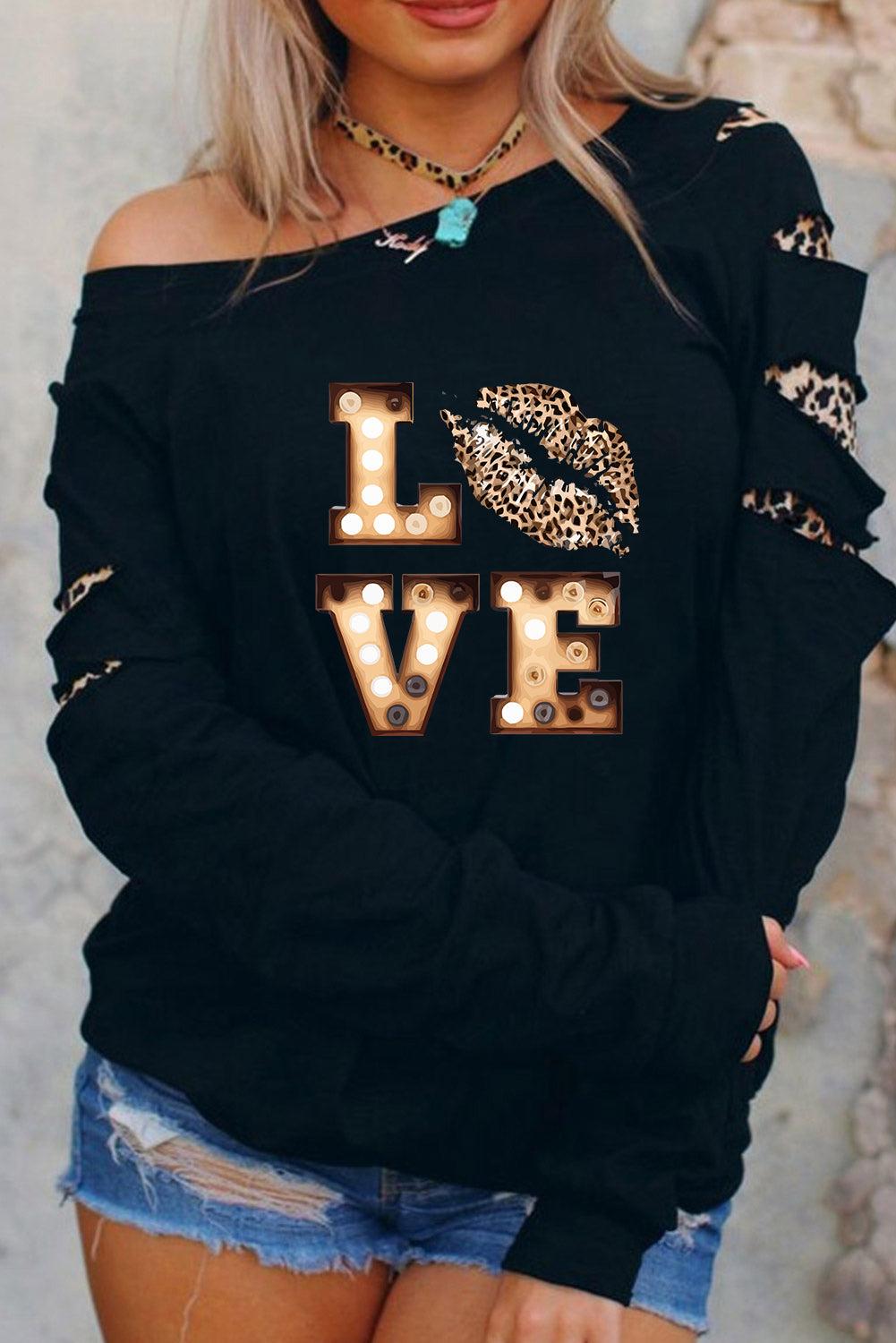 Valentine LOVE Leopard Print Cut-out Long Sleeve Sweatshirt Graphic Sweatshirts JT's Designer Fashion