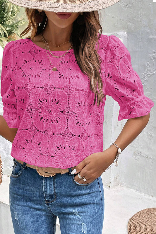 Bright Pink Flower Eyelet Jacquard Keyhole Flounce Sleeve Top Tops & Tees JT's Designer Fashion