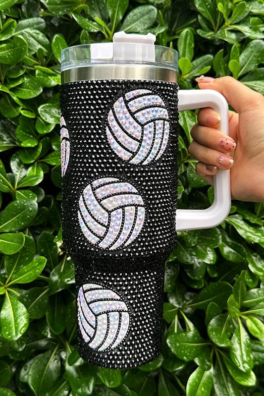 Black 40 Oz Rhinestone Volleyball Tumbler with Handle Tumblers JT's Designer Fashion