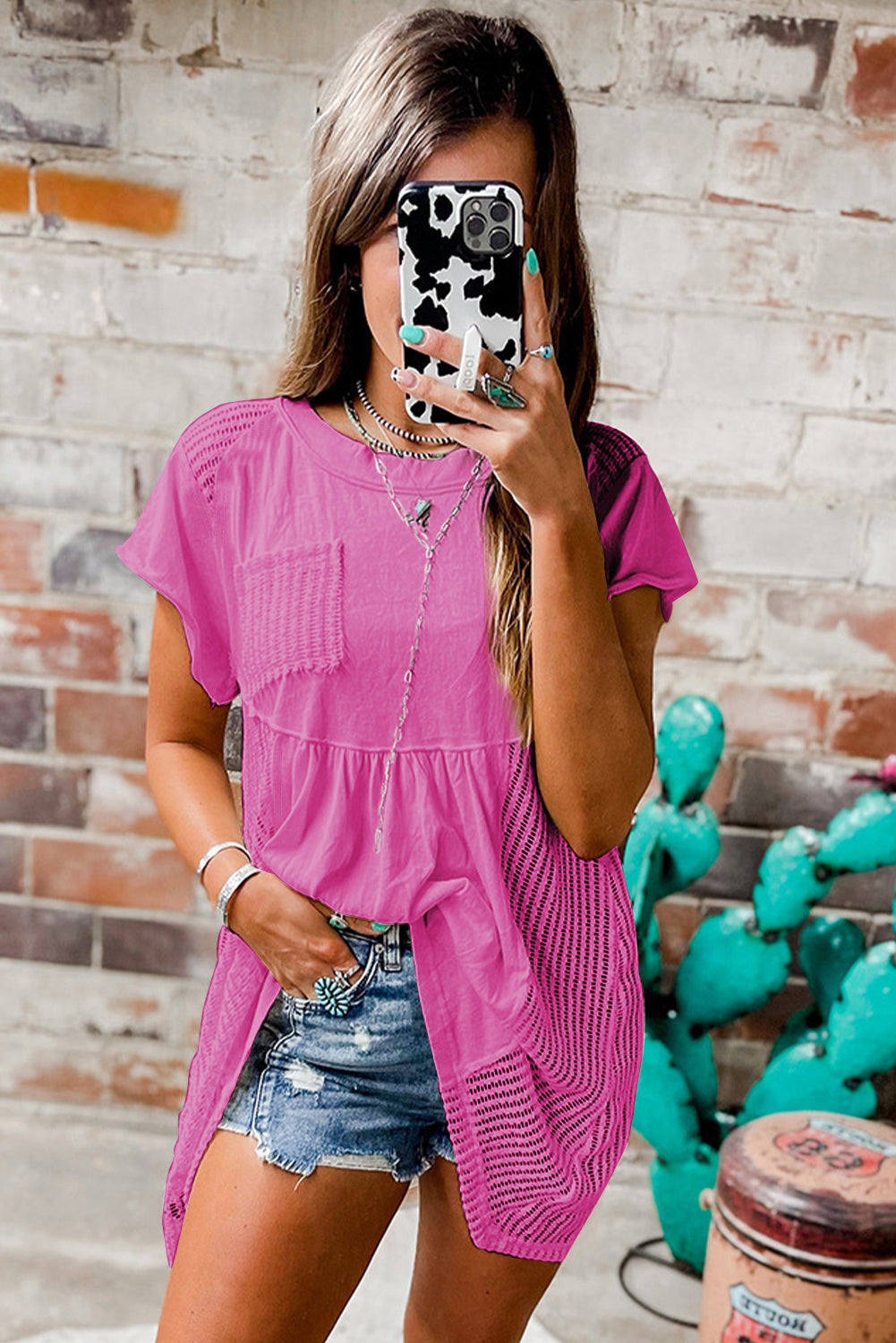 Bright Pink Hollow Knit Splicing Keyhole Back Tunic Top Tops & Tees JT's Designer Fashion