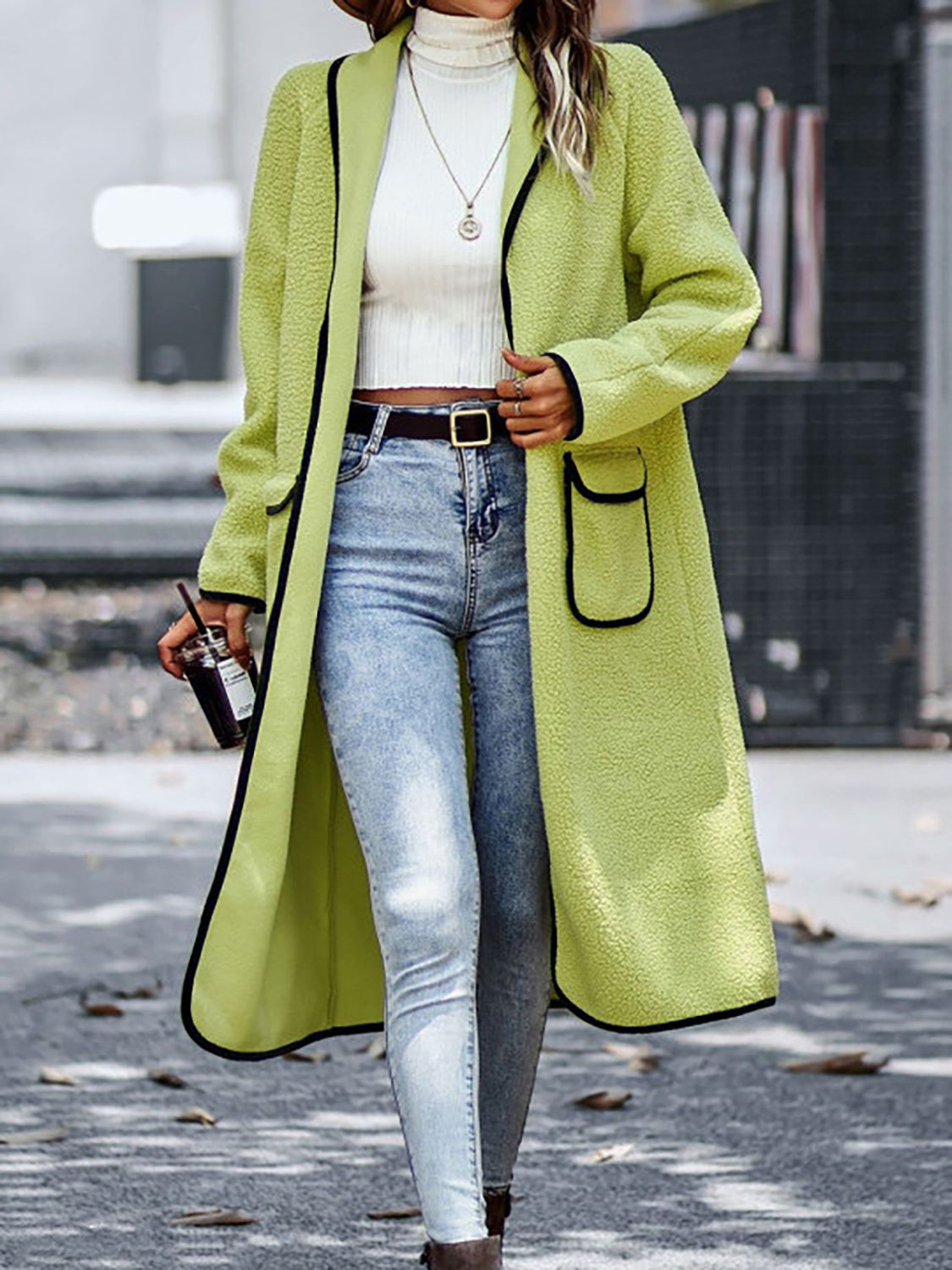 Contrast Trim Long Sleeve Coat with Pockets Lime Coats & Jackets JT's Designer Fashion