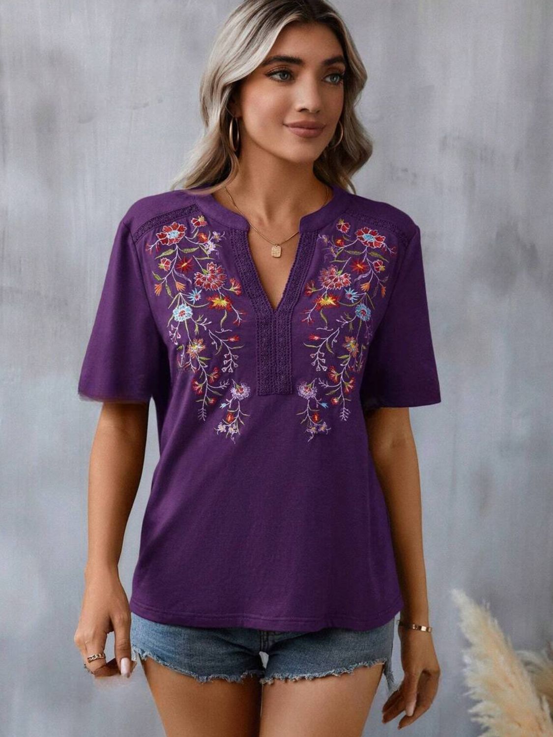 Embroidered Notched Short Sleeve T-Shirt Blouses & Shirts JT's Designer Fashion