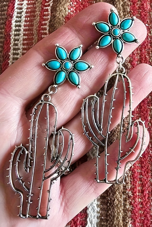 Silvery Western Turquoise Flower Cactus Dangle Earrings Jewelry JT's Designer Fashion