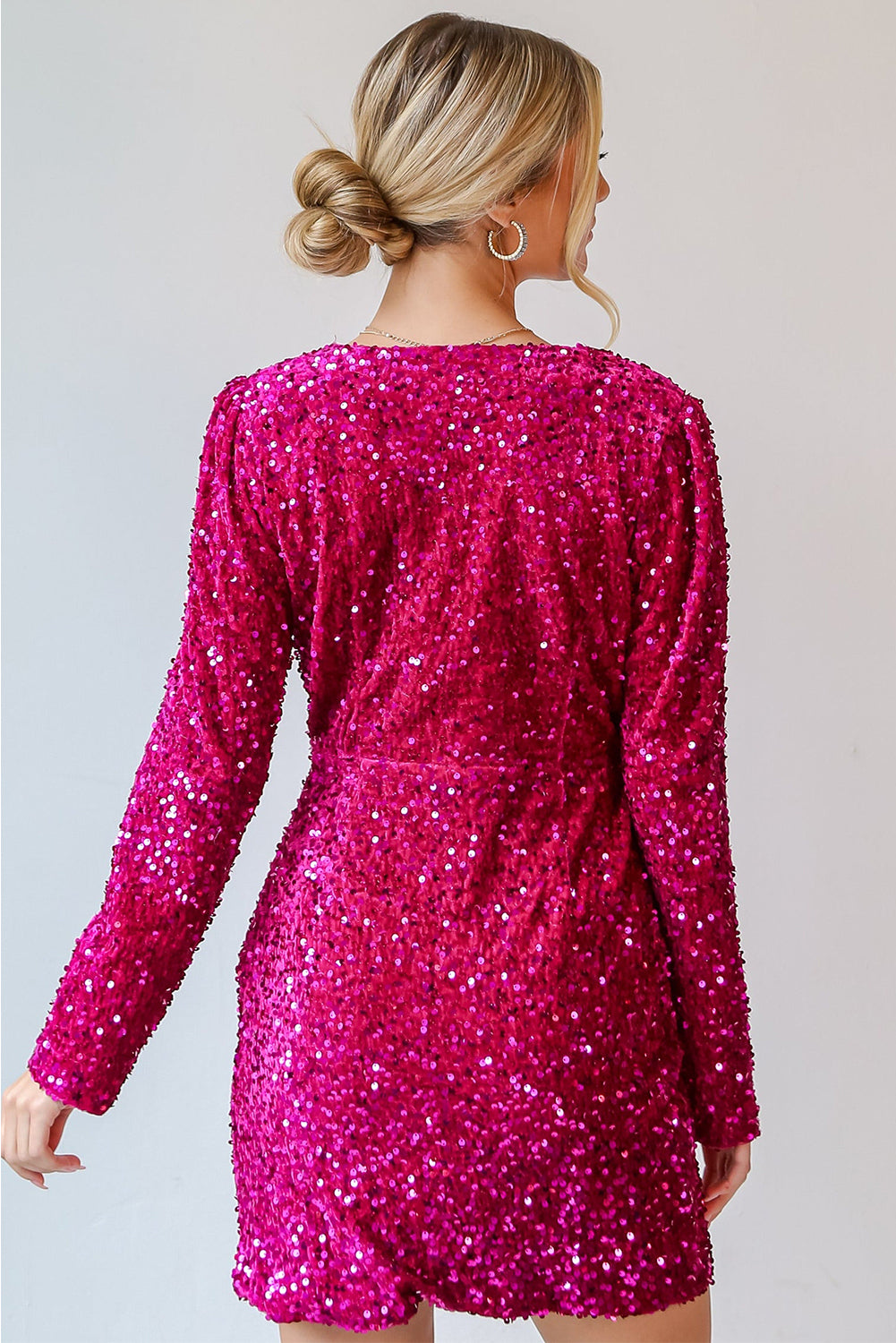 Pitaya Pink Velvet Sequin Long Sleeve V Neck Wrapped Mini Dress Sequin Dresses JT's Designer Fashion