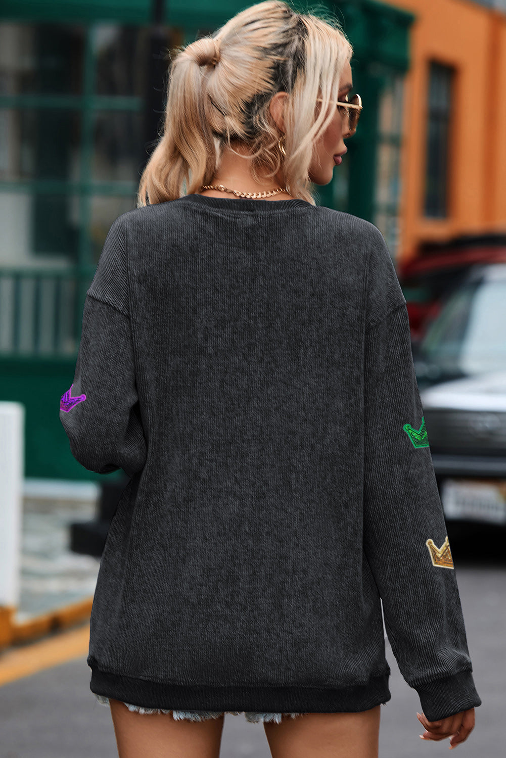 Black Mardi Gras Crown Sequin Patch Corded Baggy Sweatshirt Graphic Sweatshirts JT's Designer Fashion