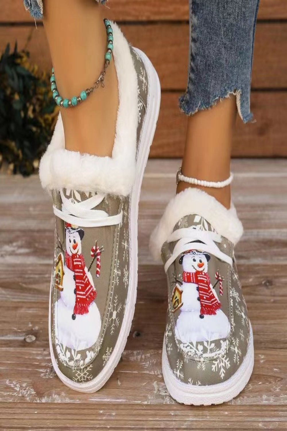 Snowman Print Round Toe Slip-Ons Khaki Shoes JT's Designer Fashion