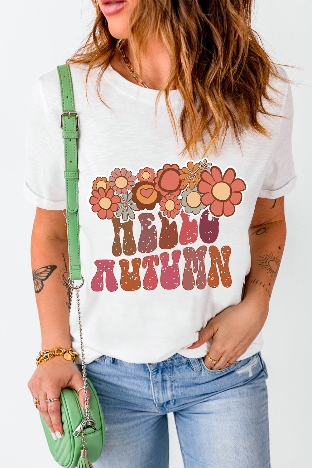 White Floral HELLO AUTUMN Printed Crewneck T Shirt Graphic Tees JT's Designer Fashion