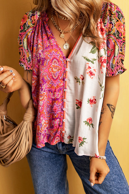 Multicolour Boho Floral Patchwork Short Sleeve Blouse Tops & Tees JT's Designer Fashion