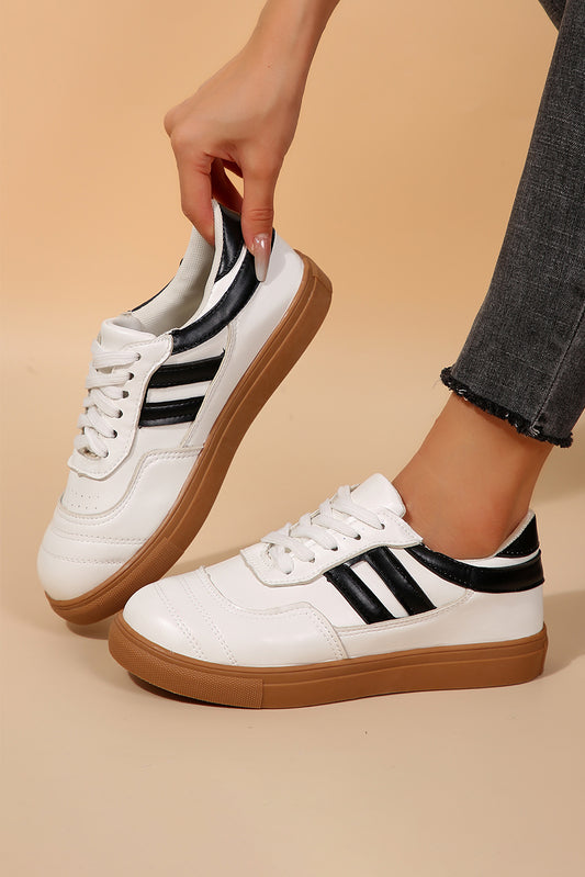 White Striped Lace-up Leather Sneakers Women's Shoes JT's Designer Fashion