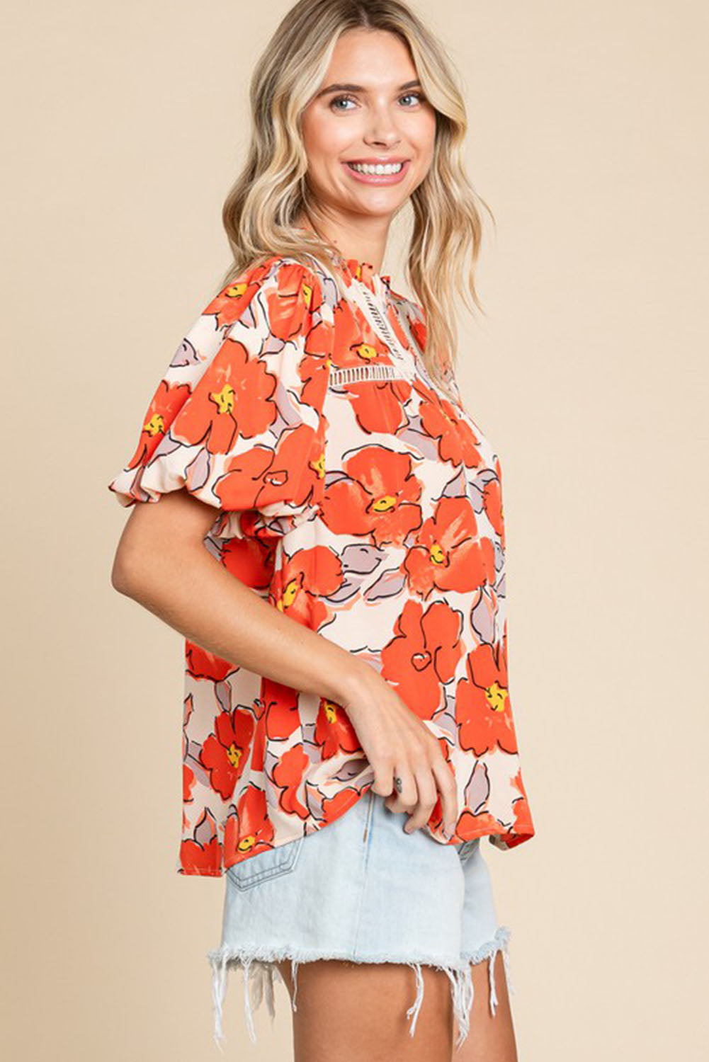 Orange Floral Bubble Sleeve Frill Neck Hollowed Blouse Pre Order Tops JT's Designer Fashion