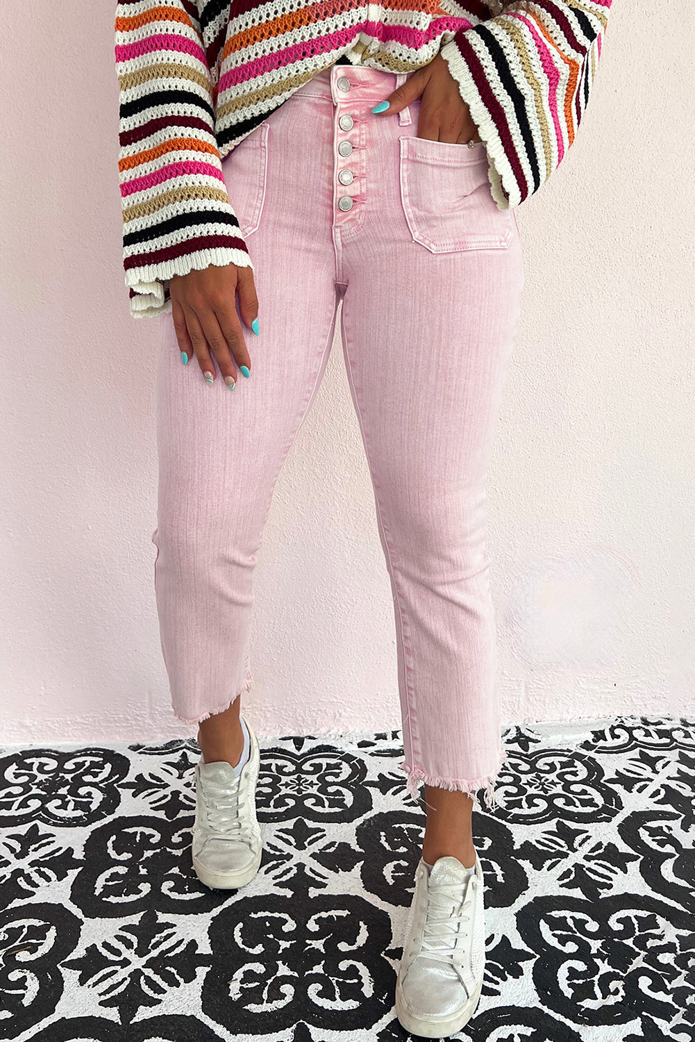 Apricot Pink Multi Buttons Raw Edge Crop Jeans Bottoms JT's Designer Fashion
