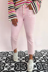 Apricot Pink Multi Buttons Raw Edge Crop Jeans Bottoms JT's Designer Fashion