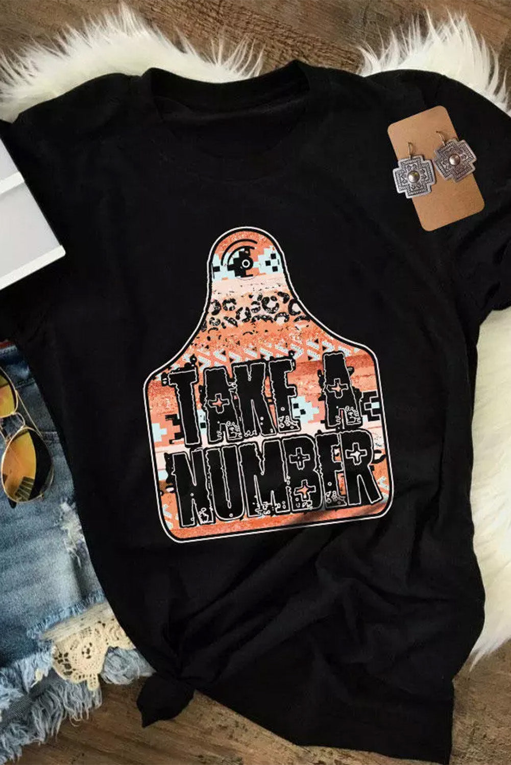 Black TAKE A NUMBER Graphic Crew Neck Tee Graphic Tees JT's Designer Fashion