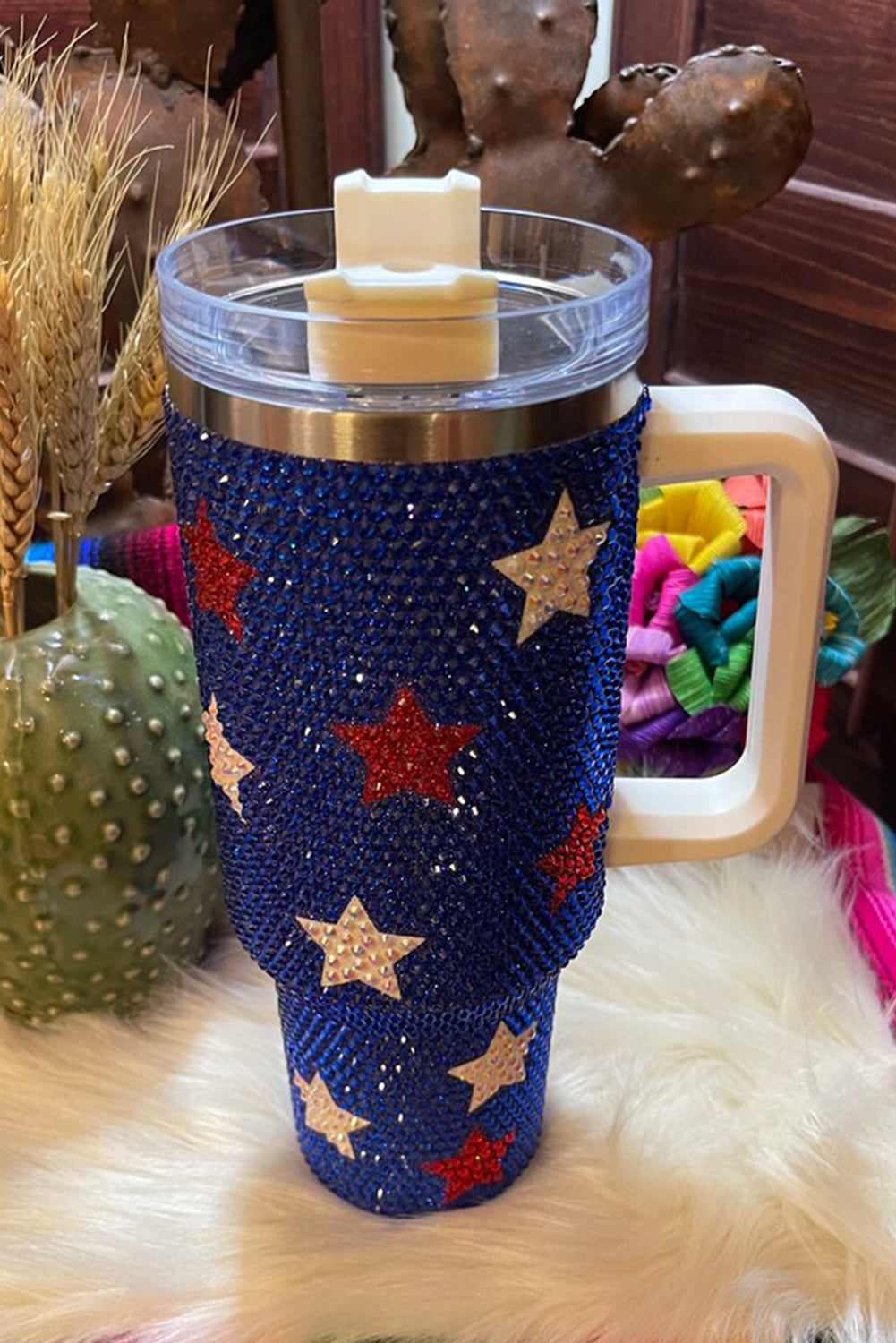 Dark Blue Star Shape Rhinestone Handle Large Vacuum Cup 40oz Tumblers JT's Designer Fashion