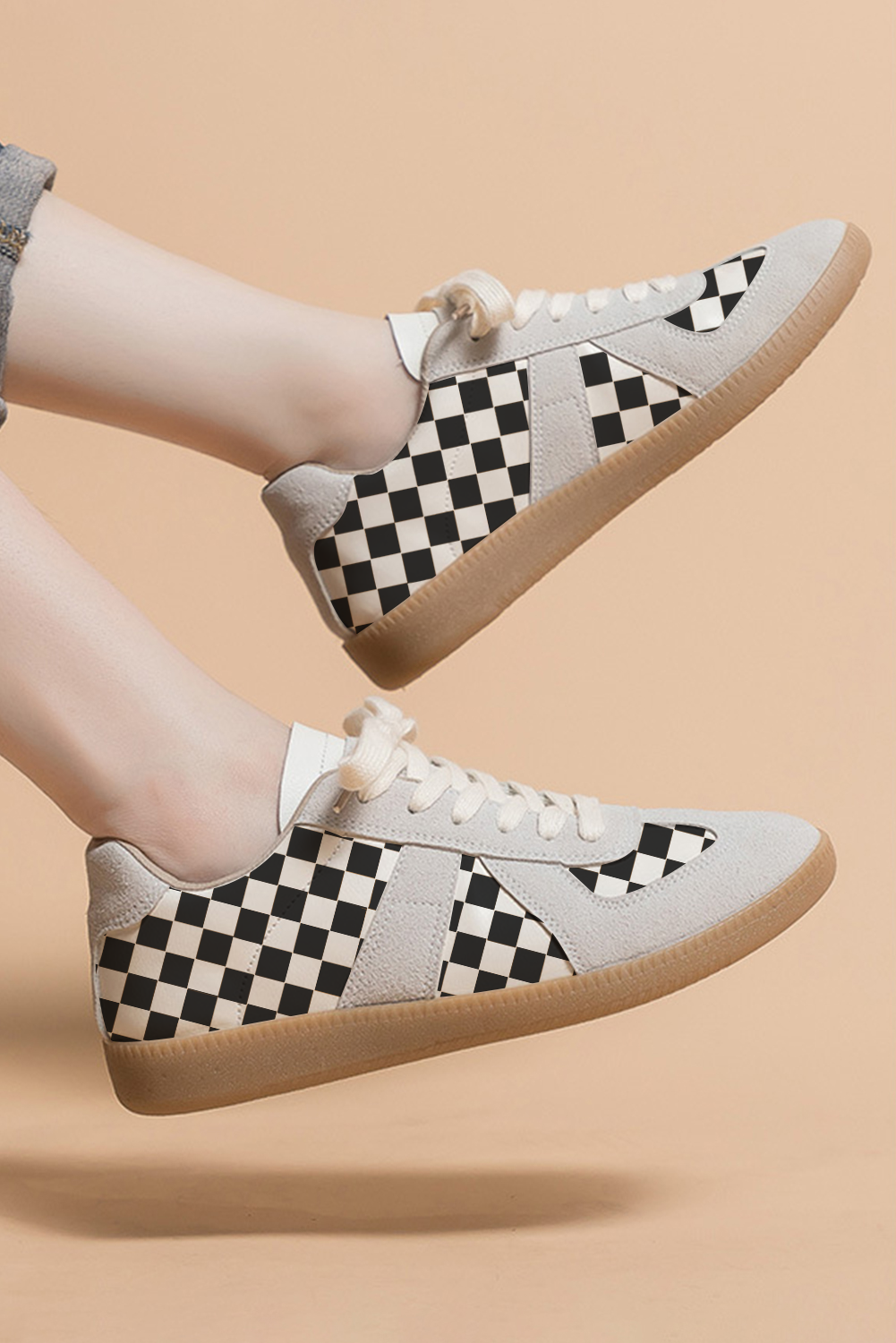 Black Checkerboard Patchwork Lace-up Flat Leatherette Shoes Women's Shoes JT's Designer Fashion