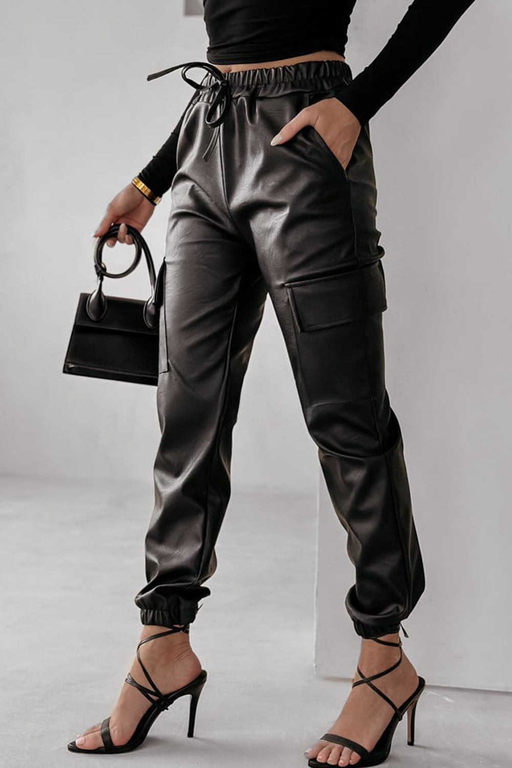 Black Drawstring Waist Cargo Leather Jogger Pants Bottoms JT's Designer Fashion