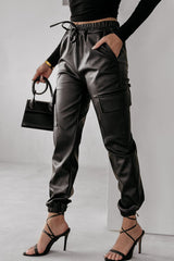 Black Drawstring Waist Cargo Leather Jogger Pants Bottoms JT's Designer Fashion