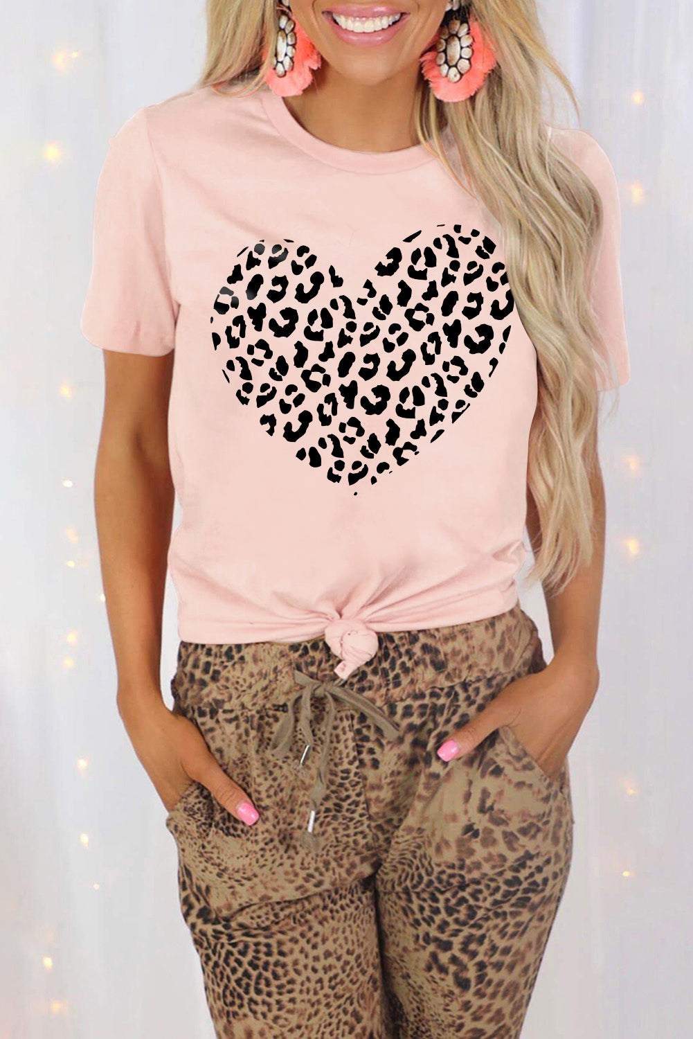 Pink Leopard Heart Shaped Print Crew Neck Graphic Tee Graphic Tees JT's Designer Fashion