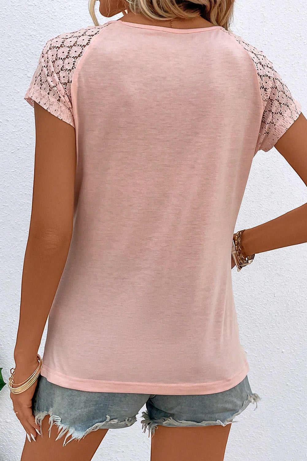 Apricot Pink Contrast Lace Sleeve Keyhole Decor Top Tops & Tees JT's Designer Fashion