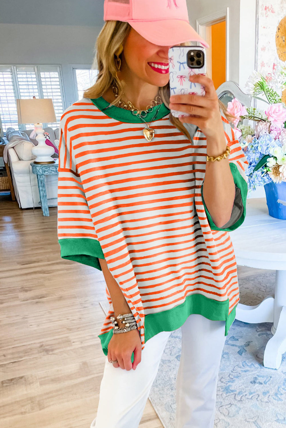 Orange Stripe Oversized Exposed Seam High Low Pullover T Shirt Tops & Tees JT's Designer Fashion