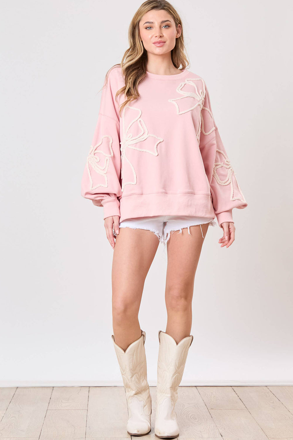 Light Pink Bow Thread Embroidery Ribbed Edge Sweatshirt Sweatshirts & Hoodies JT's Designer Fashion