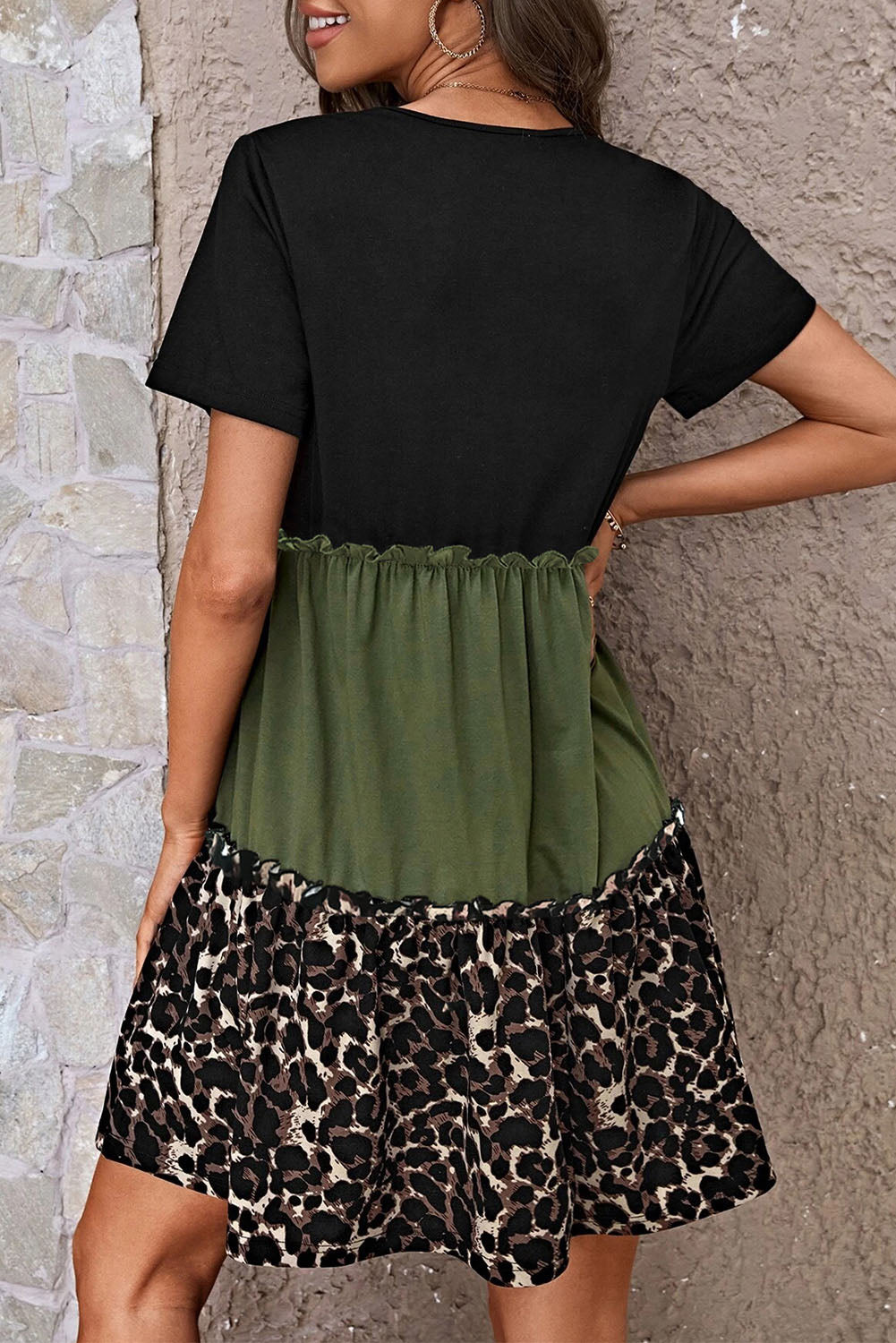 Jungle Green Leopard Print Colorblock Frill Trim T-shirt Dress T Shirt Dresses JT's Designer Fashion