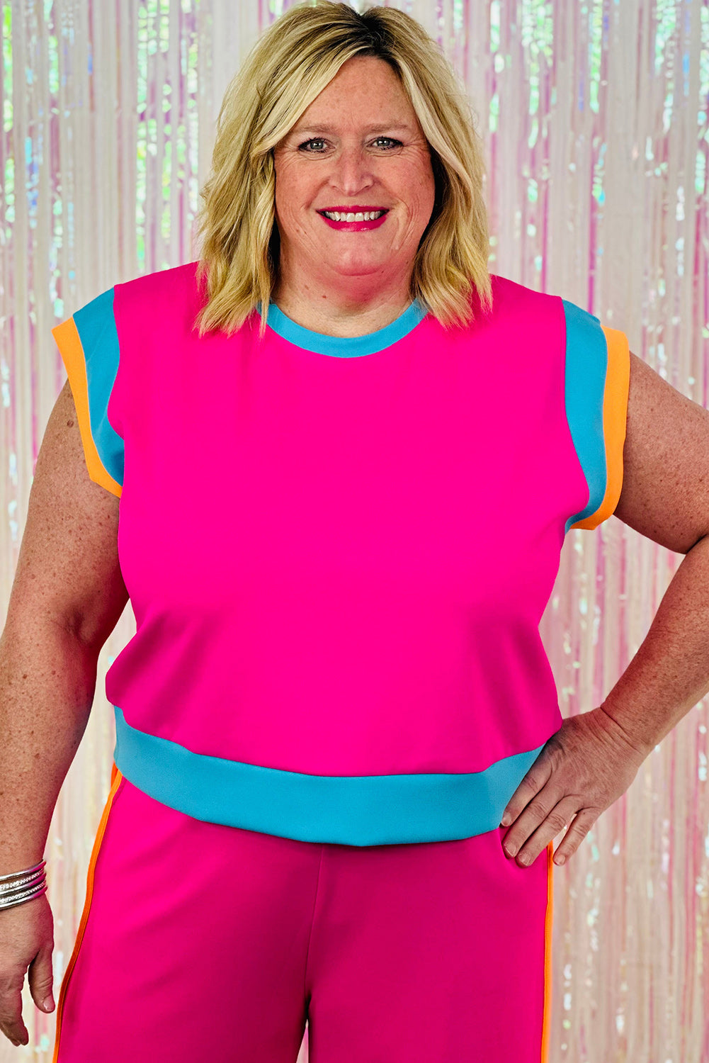 Strawberry Pink Plus Size Color Block Short Sleeve Top and Pants Set Plus Size JT's Designer Fashion