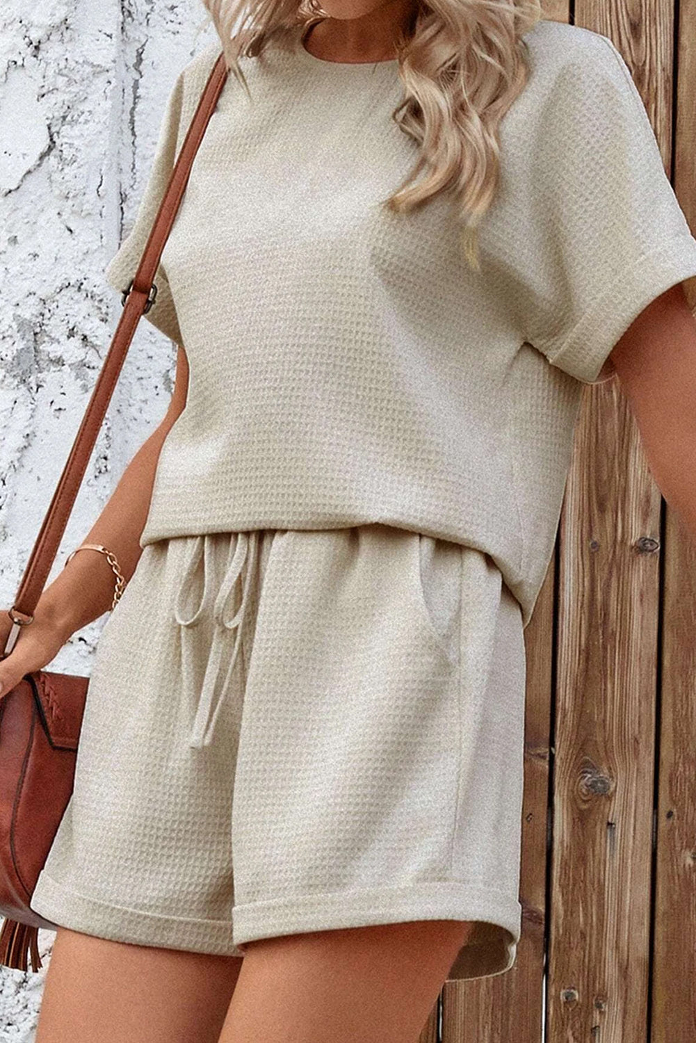 Beige Solid Waffle Knit Tee and Tie Front Shorts Set Pre Order Bottoms JT's Designer Fashion