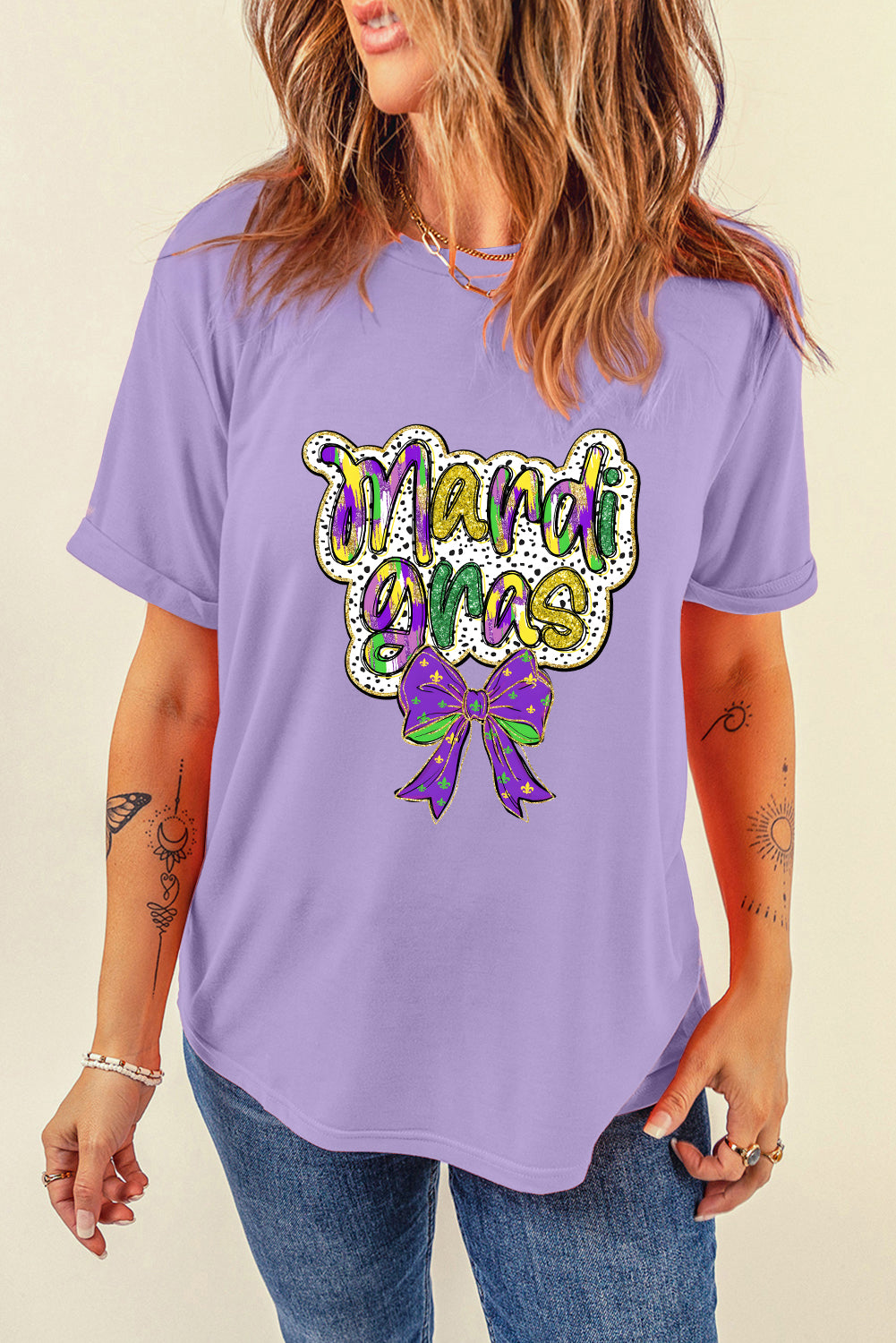 Wisteria mardi gras Bow Printed Crewneck Holiday T Shirt Graphic Tees JT's Designer Fashion