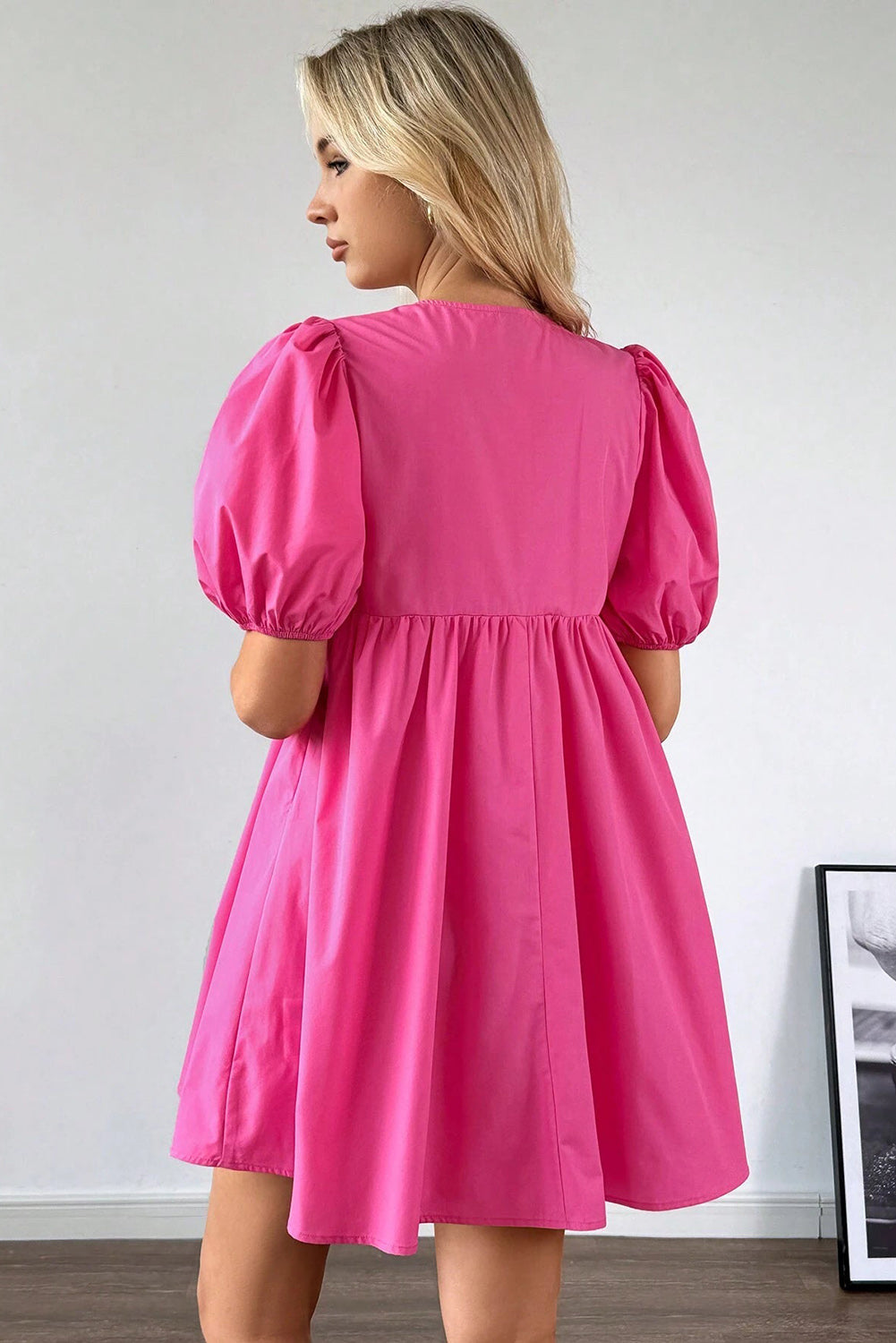 Bright Pink Solid Color Puff Sleeve Tie Front High Waist Mini Dress Mini Dresses JT's Designer Fashion