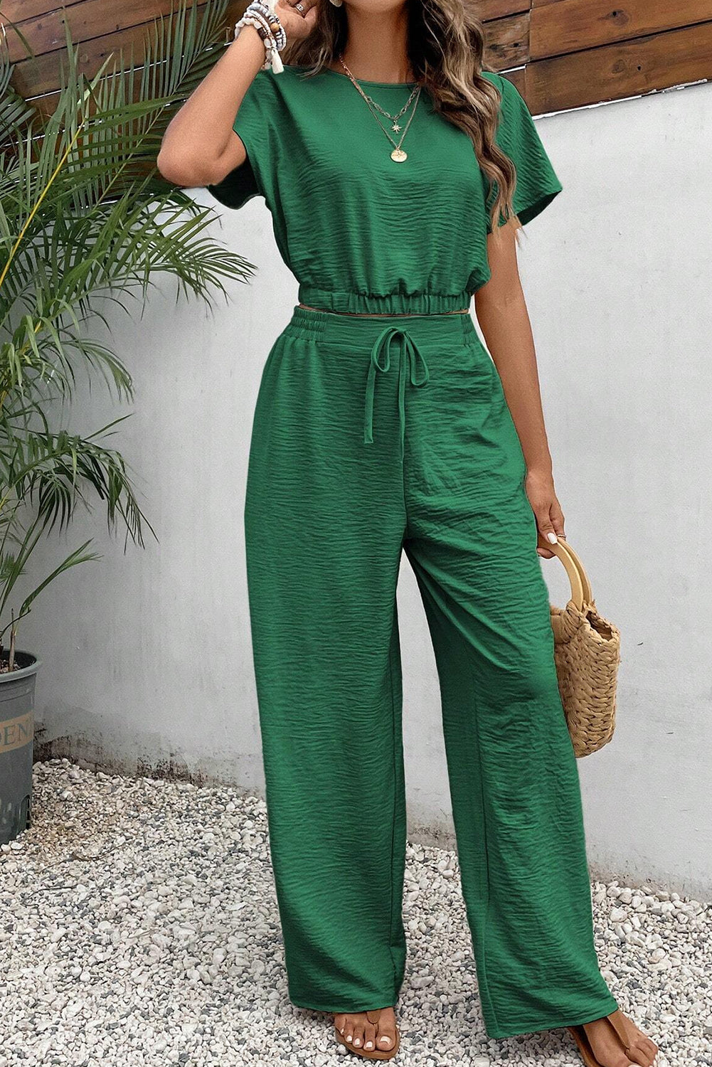 Dark Green Crinkled Elastic Hem Crop Tee and Wide Leg Pants Set Bottoms JT's Designer Fashion