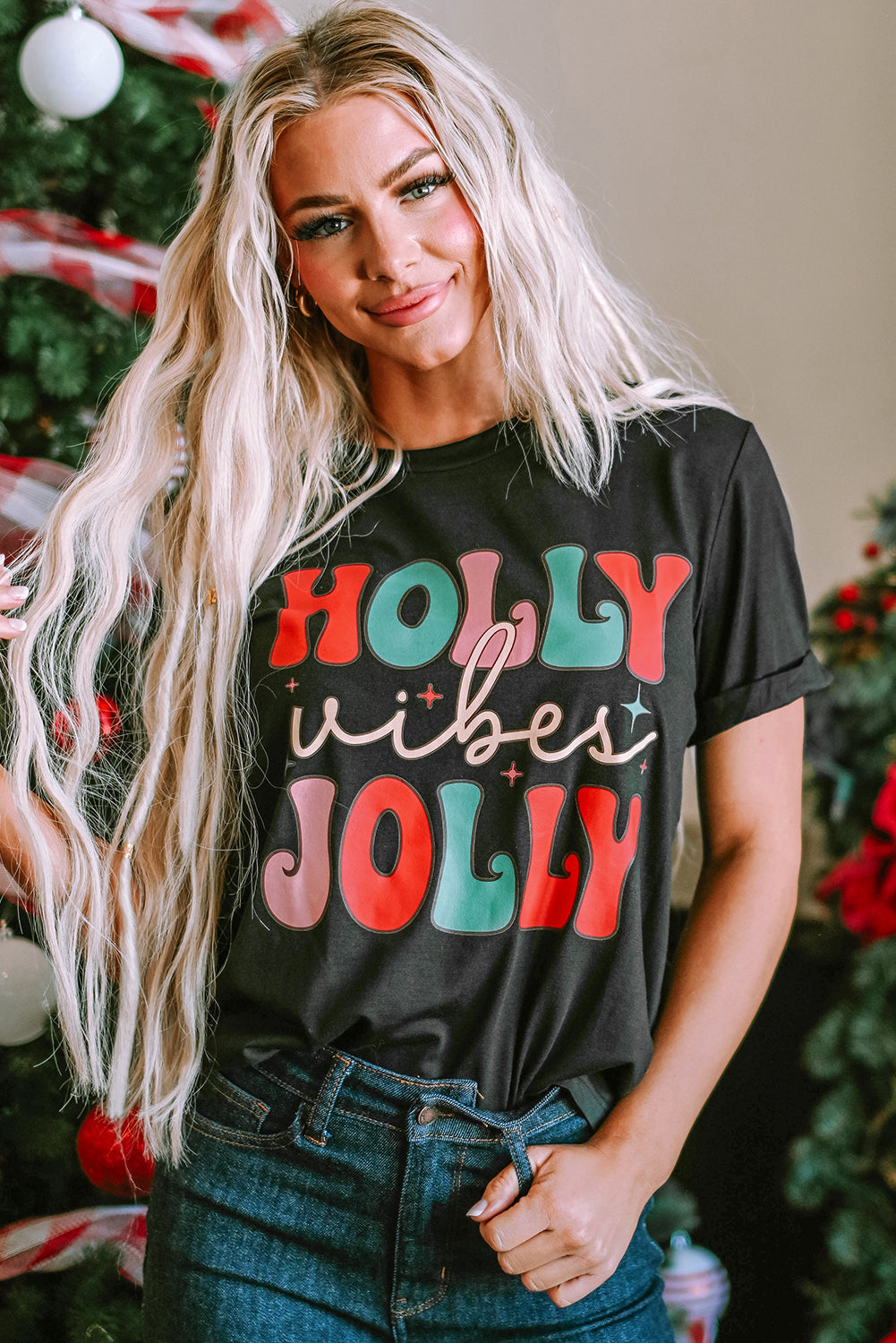 Black HOLLY JOLLY Vibes Christmas Crew Neck T Shirt Graphic Tees JT's Designer Fashion