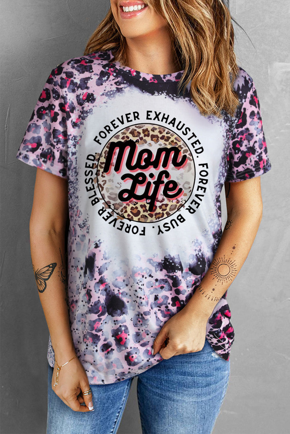 Pink Mom Life Slogan Leopard Bleached Graphic Tee Graphic Tees JT's Designer Fashion