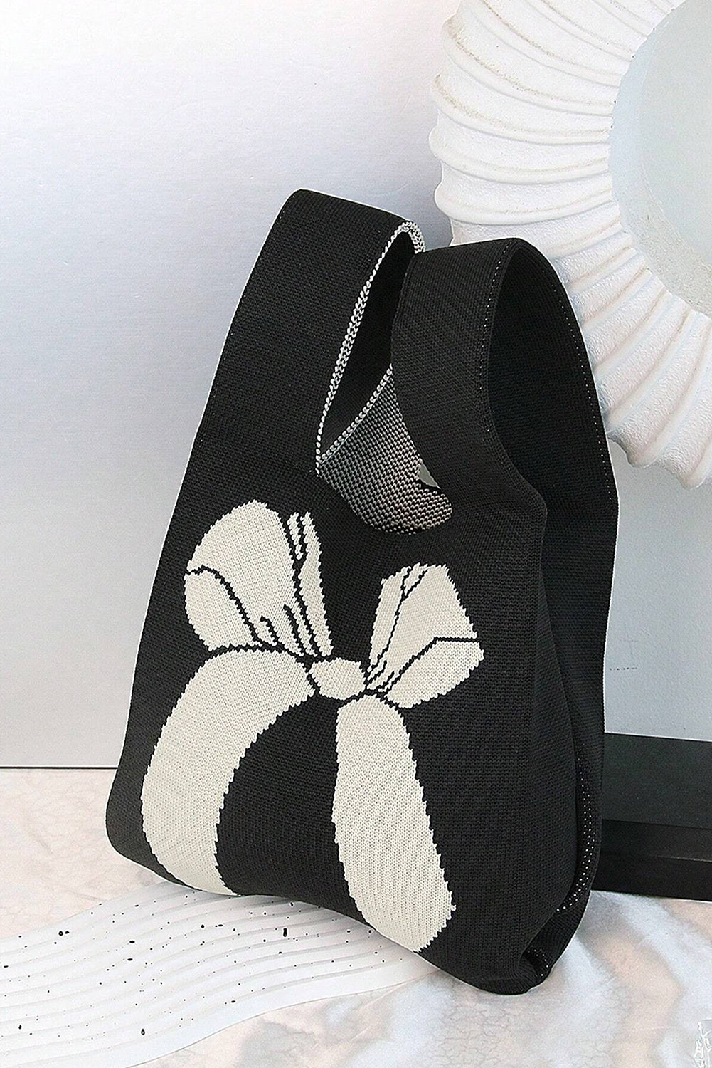 Black Colorblock Bowknot Pattern Knitted Hand Bag Handbags JT's Designer Fashion