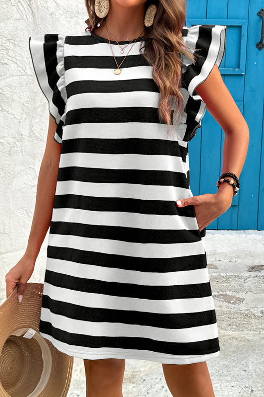 Black Stripe Flutter Sleeve Round Neck Shift Dress Mini Dresses JT's Designer Fashion