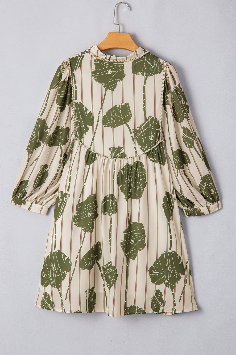 Guacamole Green Floral Striped Print Contrast Piping Puff Sleeve Dress Floral Dresses JT's Designer Fashion